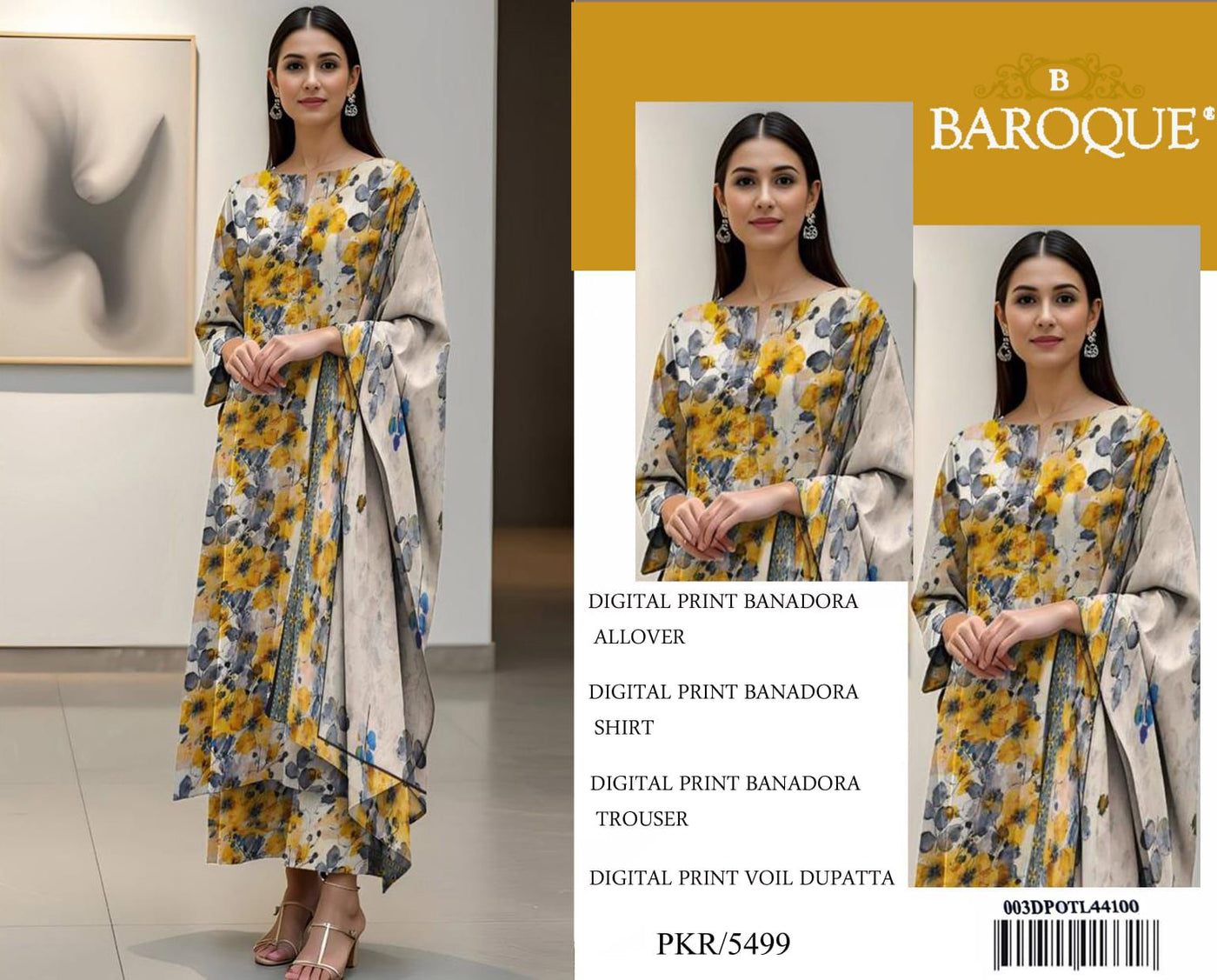 BAROQUE (3 Piece) BANA DORIA LAWN DIGITAL PRINT ALLOVER
